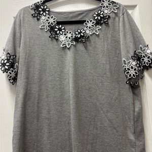 Chic Gray Top with Black and White Floral Details